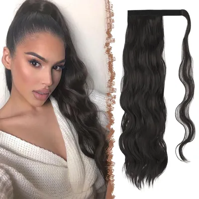 Produktbild von FESHFEN Zopf Pferdeschwanz Haare Extensions Lang Schwarz Braun Wellig Lockig Clip in Ponytail Synthetik Haarzopf Haarverlängerung Haarteil für Damen 60 cm