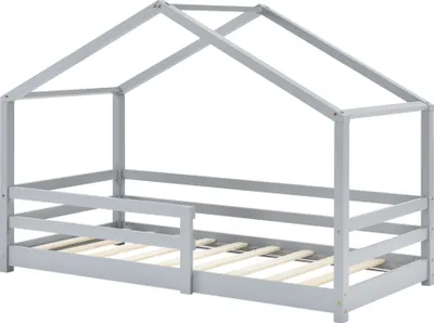 A light gray wooden bed frame with a house-shaped roof structure, shown from a side-diagonal angle against a white background.