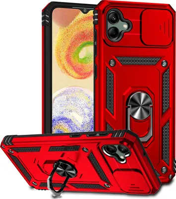 Image de Étui pour Samsung Galaxy A04 étui double couche avec couvercle coulissant pour l'appareil photo et anneau de support rouge