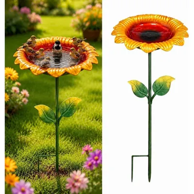 Image de Abreuvoir pour oiseaux, idéal pour jardin, résistant au gel, à planter dans le sol, 2-en-1 : bain pour oiseaux et distributeur de nourriture, 64 cm