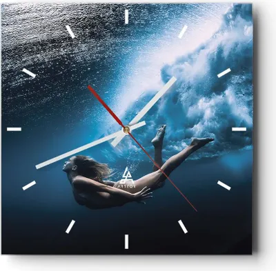 Produktbild von Wanduhr - Quadrat - Glasuhr - Tauchen Frau Wellen - 40x40cm - Schleichendes Uhrwerk - Lautlos - zum Aufhängen bereit - Dekoration Modern - Wanddekoration aus Glas - C3AC40x40-4599
