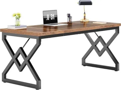 Produktbild von Großer Schreibtisch mit extra dickem Holzblatt und Stahlrahmen – Moderner Schreibtisch für Zuhause oder Büro