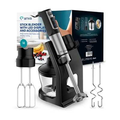 Produktbild von 6-in-1 Stabmixer ariva Set 1200W, LED-Display & Timer, Pürierstab mit Titan-Klingen, 800ml Zerkleinerer, Schneebesen, Knethaken & Ständer