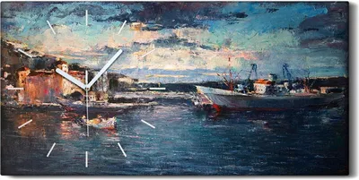 Produktbild von Wanduhr Bürouhr Leinwand Bild Geräuschlos 60x30 Gemälde See Hafen Kunst - weiße Hände