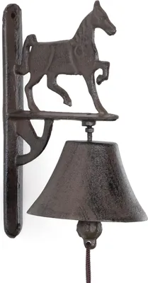 Produktbild von Gusseisen Türglocke Pferd Motiv antik braun Wandglocke Landhausstil Vintage Glocke wetterfest für Garten Haustür Stall Hof Deko Eisen Haustürklingel