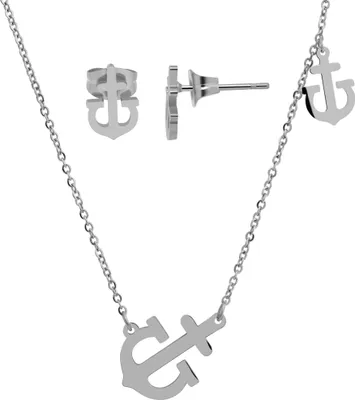 Produktbild von Edelstahl Schmuckset mit Ohrsteckern und Kette mit Anhänger im maritimen Ankerdesign