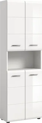 A white, high-gloss cabinet with four doors and an open shelf.