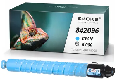 Image de Cartouche de toner compatible Evoke pour les imprimantes Ricoh MPC-406, 306C, 842096, couleur cyan, rendement de 6 000 pages, compatible avec les modèles Aficio MP C306, C307 et C406
