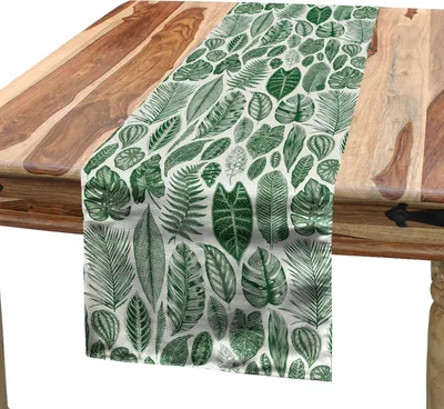 Obrázek produktu pro ABAKUHAUS Botanický ubrus, vzor vinobraní s bohatými exotickými listy různých stromů, 40 x 180 cm, zelená a slonová kost