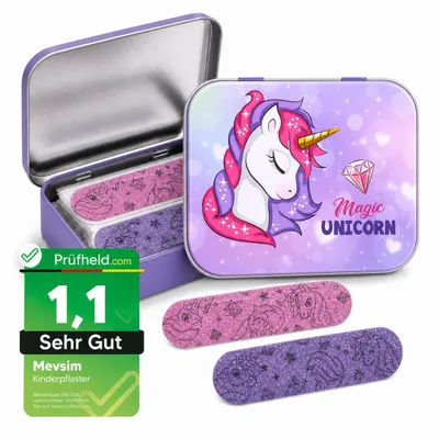 Produktbild von Unicorn Magic Kinderpflaster Lizensiertes Produkt - Metall-Box - 24 Pflaster - Schönes Design Pflaster Aufbewahrungsbox für Kinder - 1 Box