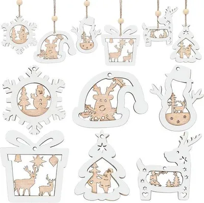 Produktbild von Holz Weihnachtsbaum Ornament Set - 12 Rustikale Winterdekorationen und Geschenkanhänger