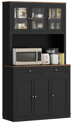 Produktbild von Kš¹chenschrank mit 3 Glastš¹ren, offenem Fach, 2 Schubladen und verstellbaren Einlegeb?den, 100 x 40 x 180 cm, Schwarz