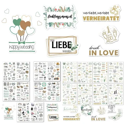 Hochzeitssticker 496 Stück, 13 Blatt, Vintage, Love-Motive, für Gästebuch