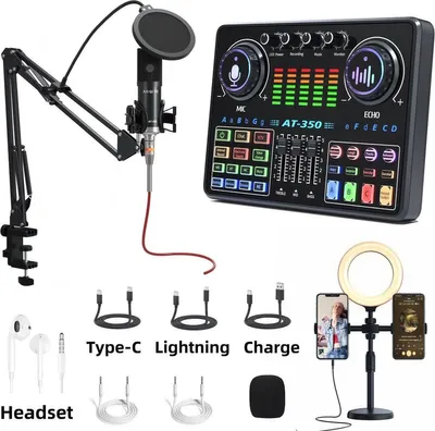 Image de Kit de démarrage pour podcast comprenant un microphone à condensateur, une lampe annulaire, une table de mixage et un bras articulé