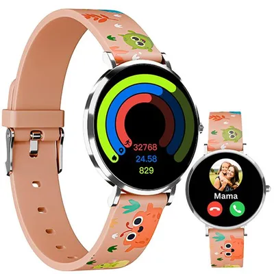 A smartwatch with a pink band and a circular display showing activity rings and numbers. Another smaller smartwatch is shown in the background.