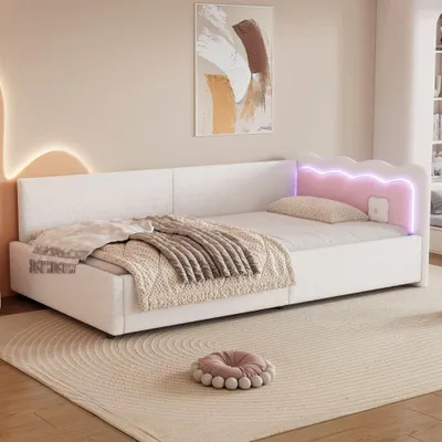Produktbild von Modernes Schlafsofa mit LED-Beleuchtung und Fernbedienung, inklusive Lattenrost, ohne Matratze, in elegantem Weiß, Vliesimitat, 90x200 cm