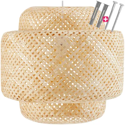 A close-up shot of a woven bamboo lampshade with mounting hardware.