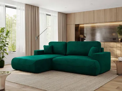 Produktbild von MKS MEBLE Ecksofa OVO mit Schlaffunktion und Bettkasten, Dunkelgrün Velvet, L-form Couch, 4-Sitzer Ecksofa, 271x195x95 cm - Links Seite