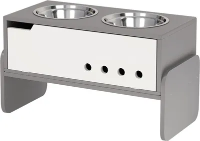 Produktbild von Erhöhte Fütterungsstation für Hunde, mit Stauraum und Anti-Schling-Matte, 2 x 2000 ml Edelstahlnapf, Grau