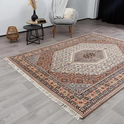 Produktbild von Steffensmeier Orientteppich Bidjar fein | Orient Wohnzimmerteppich handgeknüpft mit Fransen, Beige, Größe: 200x300 cm, aus hochwertiger Wolle (Schurwolle)