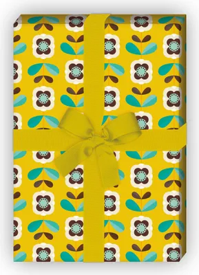 Produktbild von Retro Vintage Blumen Geschenkpapier senfgelb grün, im 70er Jahre Stil - G12349, 32 x 48cm