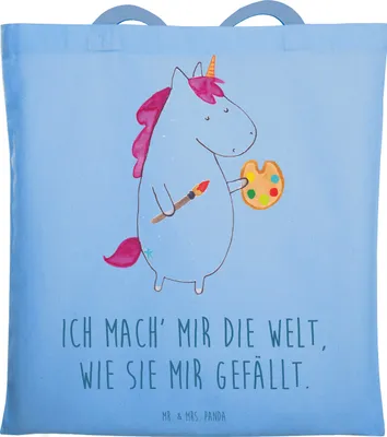 Produktbild von Mr. & Mrs. Panda Baumwollbeutel Einhorn Künstler - Sky Blue - Geschenk, Schultasche, Shopping Tasche, Unicorn, Zeichnen, Laptoptasche, Malen, Einhörner, Tote Bag, Farbe