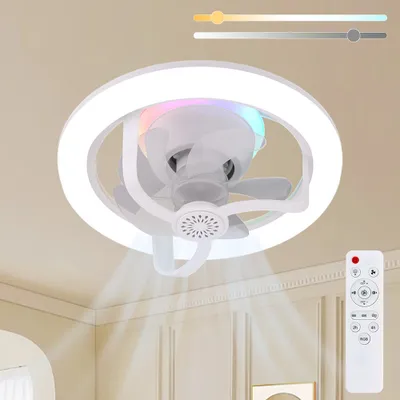 Obrázok produktu pre Stropný ventilátor E27 s osvetlením a diaľkovým ovládaním, 28 cm farebné stropné svietidlo s ventilátorom stmievateľné pre obývaciu izbu spálňu jedáleň garáže