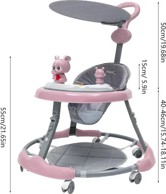 Zdjęcie produktu dla Chodzik dla niemowląt – chodzik muzyczny – ciche kółka z PVC – antypoślizgowy – regulowana wysokość – nośność 20 kg –   – różowy