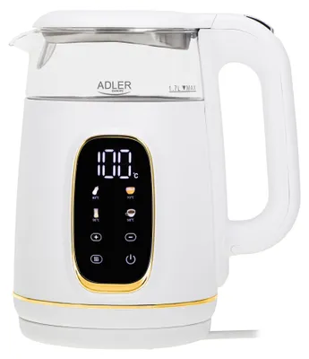 A white electric kettle with a digital display and gold accents, shown in a studio setting against a white background.