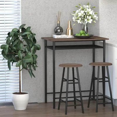 Produktbild von Bartisch-Set 3-teilig Schwarz MDF Metall Industrial, Bartisch & 2 Barhocker einschiebbar, Ablagefach | 80 x 50 x 90 cm | 13,1 kg | 3 Personen