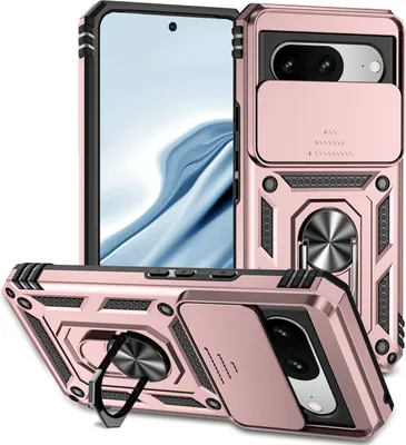 Image de Étui pour Google Pixel 8 étui double couche avec couvercle coulissant pour l'appareil photo et support annulaire Rose