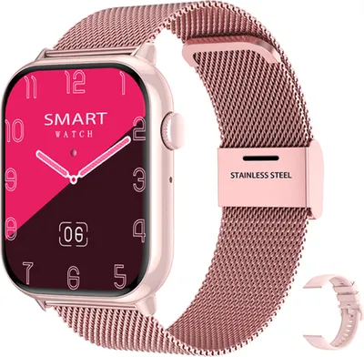 A rose gold smartwatch with a pink and dark pink digital display, shown on a white background.