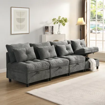 Zdjęcie produktu dla Modułowa sofa wypoczynkowa 4-osobowa, o wymiarach 274x76x87 cm, składająca się z modułów, które można dowolnie łączyć, z pojemnikiem na przechowywanie pod wszystkimi poduszkami siedziskowymi, obita tkaniną chenille, idealna do salonu