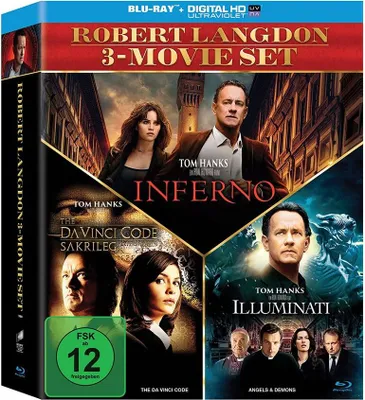 A collage of movie posters for the Robert Langdon 3-Movie Set.