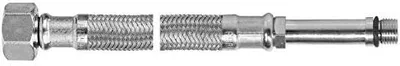 A stainless steel braided hose with metal fittings on both ends, shown against a plain white background.