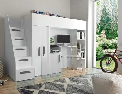 Produktbild von Etagenbett mit Schreibtisch Klára - weiß/graue Griffe