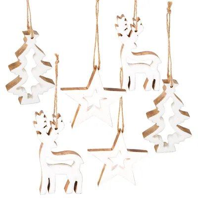 Produktbild von 6 Christbaumanhänger aus Holz - Hirsch Tanne Stern 12 cm weiß braun