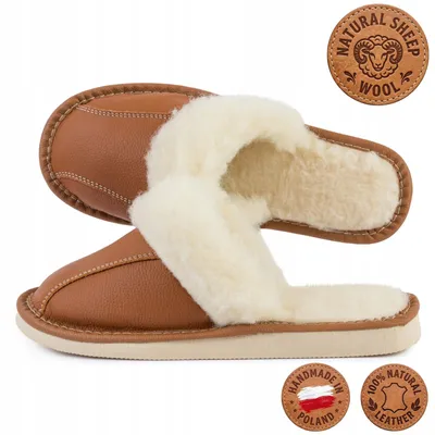 Image de Pantoufles en cuir pour femme, doublure en laine de mouton, couleur marron, cousues à la main, taille 41
