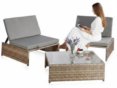 Produktbild von Mucola Sitzgruppe Polyrattan Lounge Gartengarnitur 2 Sessel und Tisch Gartenlounge Gartenmöbel Gartenset Essgruppe - Grau