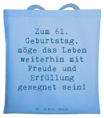 Produktbild von Mr. & Mrs. Panda Shopping Tasche Spruch 61. Geburtstag Freude - Sky Blue - Geschenk, Happy Birthday, Alter, handgefertigt, Tragetasche, Geburtstagsgeschenk, Tote Bag