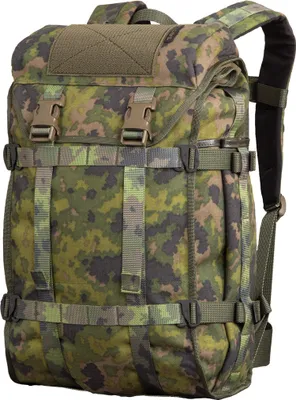 A camouflage backpack against a white background.