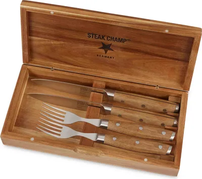 Produktbild von Steak Champ Fleischgabel + Steakmesser 4-teilig aus Klingenstahl inkl. Holzkiste