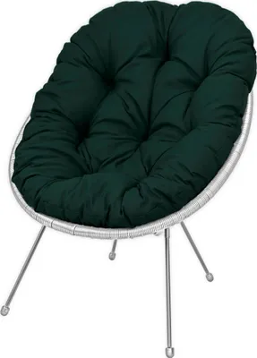 A dark green cushion on a white wicker chair with silver legs, isolated on a white background.