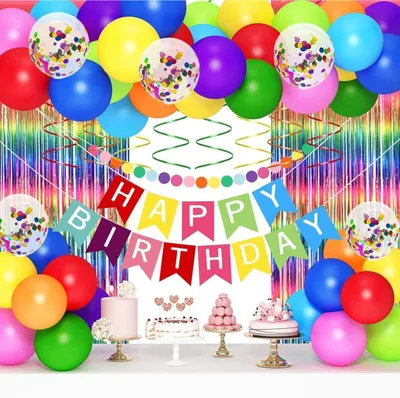 Produktbild von Geburtstagsdekoration Set mit Happy Birthday Banner und Fransenvorhängen, Mehrfarbig