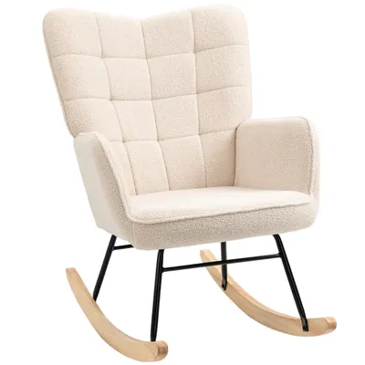 Produktbild von Schaukelstuhl,Schaukelsessel(Beige)mit Berbervliesoptik, Armlehne, Gepolsterter Sessel mit Holzkufen, Relaxsessel,bis 120kg belastbar