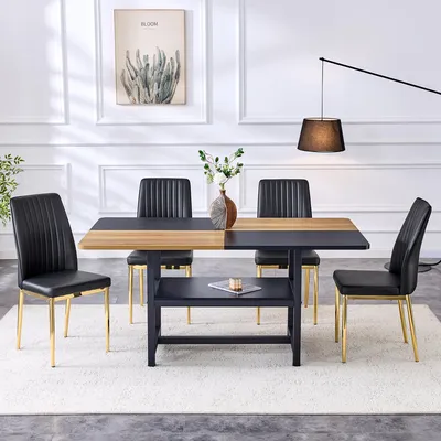 Image de Ensemble table et chaises, table ronde en verre de 85 cm + 4 chaises blanches aux pieds noirs dorés