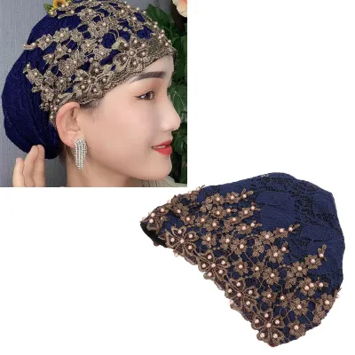 Obrázok produktu pre Dámsky turban, vintage výšivka, čipka s korálkami, fleecová čelenka, každodenné použitie, tmavomodrá
