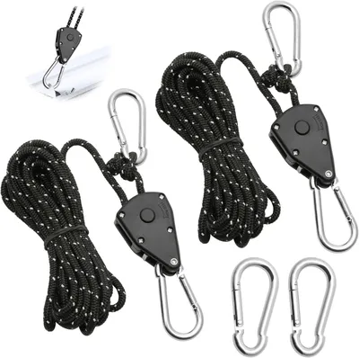 Produktbild von 2 Stück verstellbare Seilratschen 4 m, Seilzugratschen 1/8 Zoll mit 3 Ersatzkarabinern aus Metall, windfestes schwarzes Seil für Pflanzenlampen und Zelte