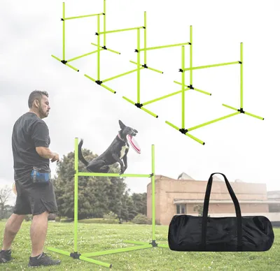 Obrázek produktu pro TRMLBE 4dílná sada překážek pro agility PVC slalom pro domácí mazlíčky výškově nastavitelné tréninkové tyče sada pro psy kočky kondiční trénink skákání síly, agility - zelená