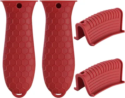 Produktbild von 4 rote Silikongriffüberzüge, Hitzeisolatoren für Gusseisenpfannen und Woks